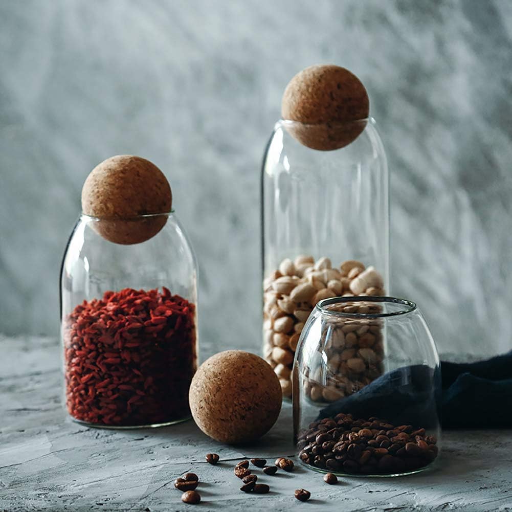 MOLFUJ 550ML/18Oz Glass Storage Container with Ball Cork, Cute Decorative Organizer Bottle Canister Jar with Air Tight Wood Lid for Food, Coffee, Candy, Bathroom Apothecary Cotton Swab Qtip Holder