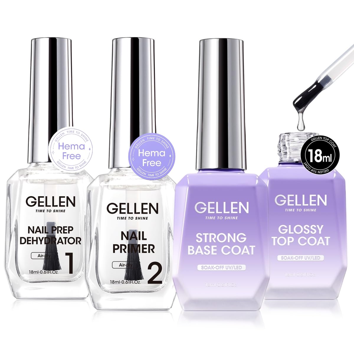Gellen Nail Dehydrator and Primer with Base Coat Top Coat, Acid-Free Hema-free Nail Prep Dehydrator Primer 18ml UV Superior Glossy Top Coat for Acrylic Gel Nail Polish Nail Art Supplies Gift for Women