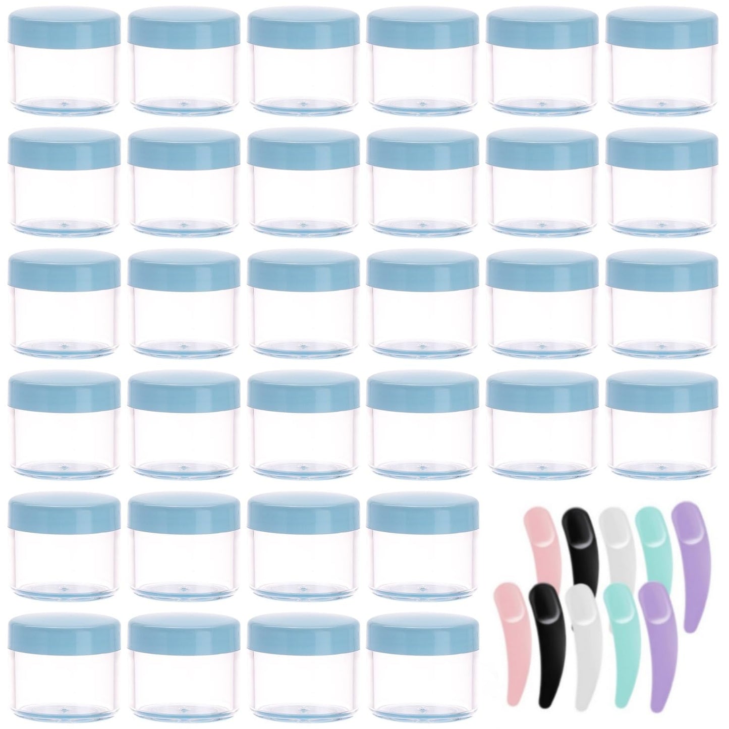 Refillable Cosmetic Sample Jars - 100 Pack 20g (0.7oz) Blue Small Travel Containers with Lids + 10 Mini Makeup Spatulas - BPA Free