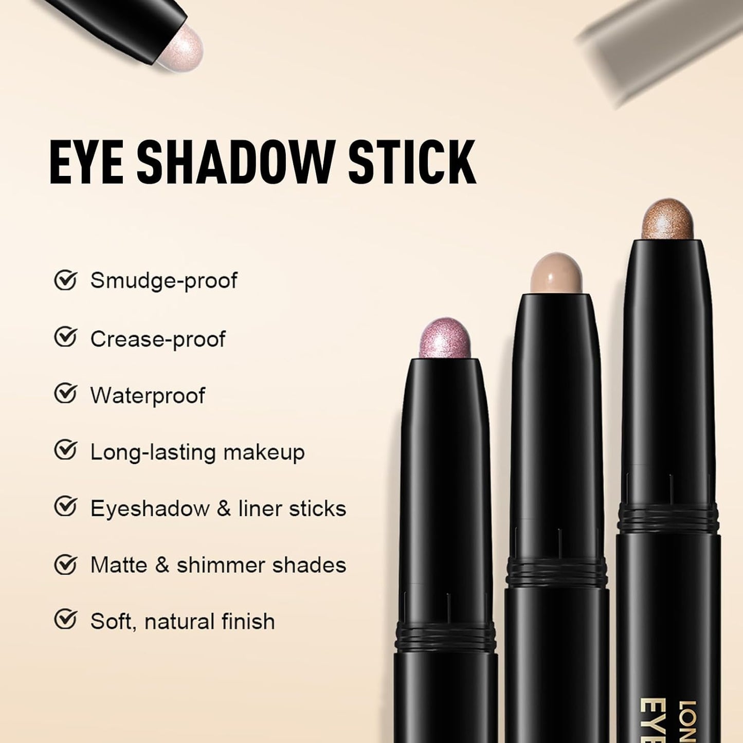 Champagne Pink Shimmer Eyeshadow Stick, Waterproof Cream Eye Shadow Pencil Long-Lasting Crease-Proof Glitter Eyeshadow Crayon Smooth High Pigmented Highlighter Neutral Eye Shadow Liner Makeup