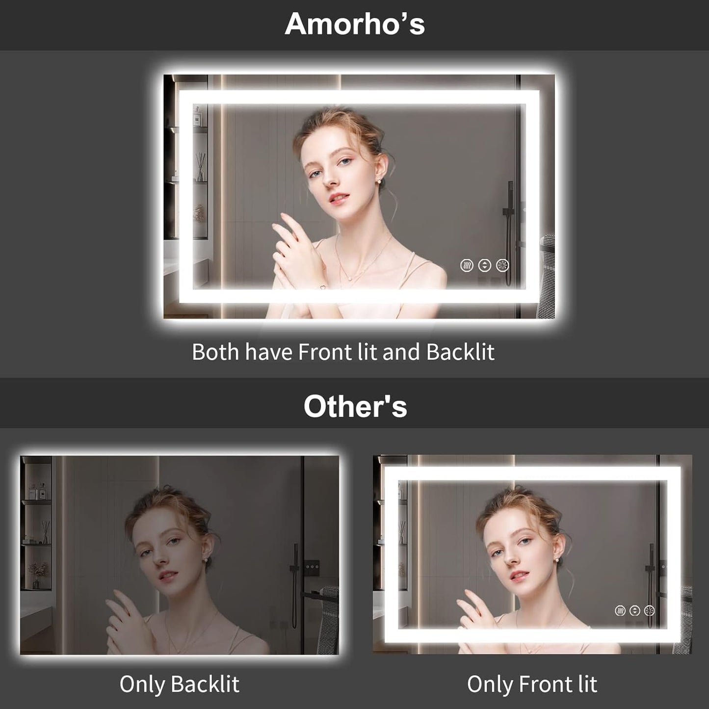 Amorho LED Bathroom Mirror 36''x32'' with Front Light and Backlit, Stepless Dimmable Wall Mirrors with Anti-Fog, Shatter-Proof, Memory, 3 Colors, Double LED Vanity Mirror (Horizontal/Vertical)