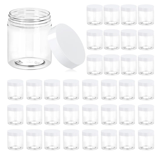 Eternal Moment 36 Pack 8 OZ Plastic Jars Round Clear Cosmetic Container Jars with White Lids, Perfect for Lotion, Slime，Cream, Ointments, Makeup, Eye Shadow, Samples, Pot, Travel Storage ﻿