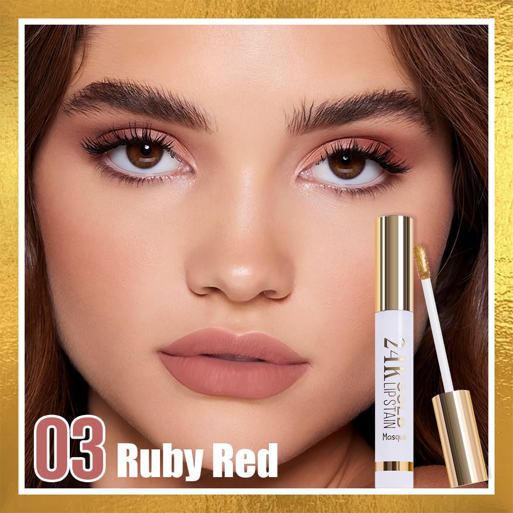 2Pcs 2025 New 24K Gold Liquid Lip Gloss Peel Off Lip Stain Tattoo with Tweezer, Lips Stain Peel Off Masque, Long Lasting Waterproof Lip Tint Stain, Transfer-proof for All Skin Types 03#+04#
