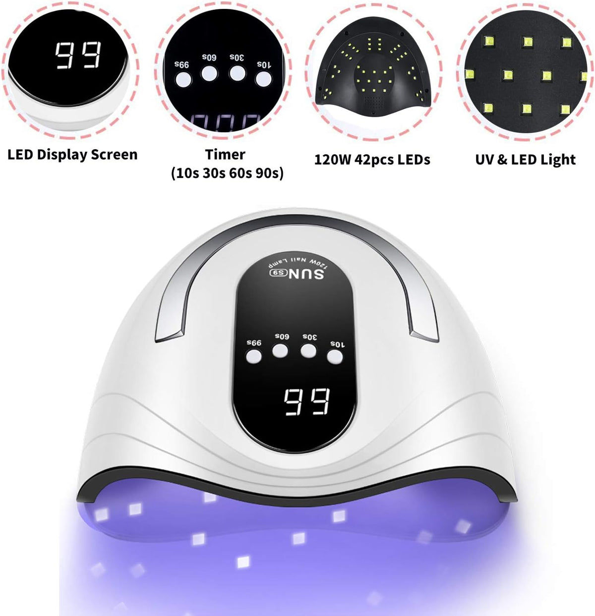 UV Gel Nail Lamp 120W LED Nail Light Fast Dryer for Gel Polish Curing with 4 Timers Portable Handle Large Space Automatic Sensor (White)