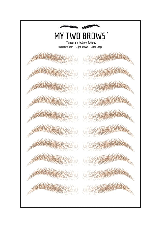 (10 pairs) Light Brown Temporary Eyebrow Tattoo - Extra Large Size - Waterproof & Smudgeproof - Assertive Arch Style Eyebrow Stickers - Sheet Lasts up to 30 Days - Won't Work on Existing Brows