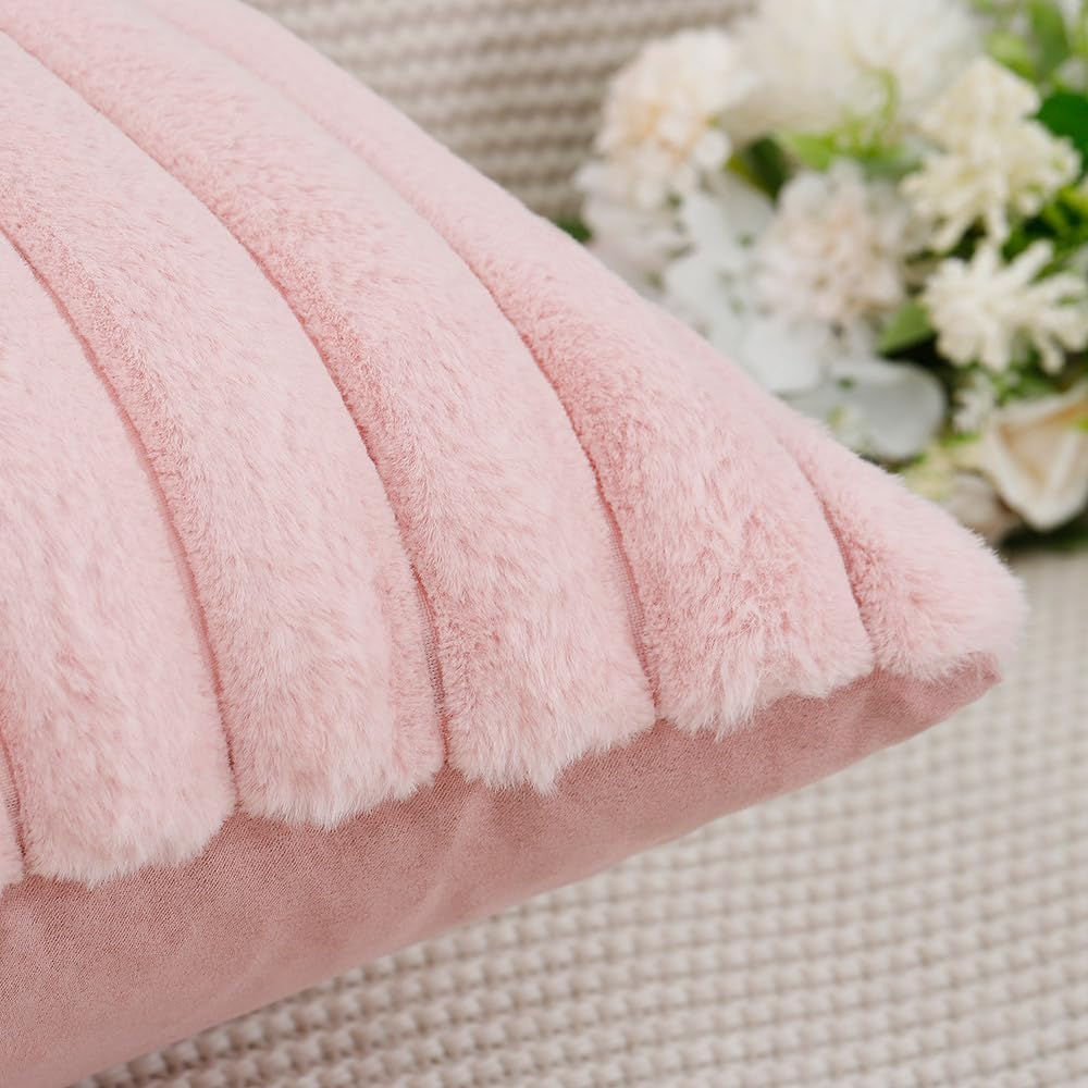 MADIZZ Set of 2 Faux Wool Plush Decorative Throw Pillow Covers 20x20 Inch Pink Fluffy Striped Soft Decorative Cushion Cover for Sofa Bedroom Pillow Shell