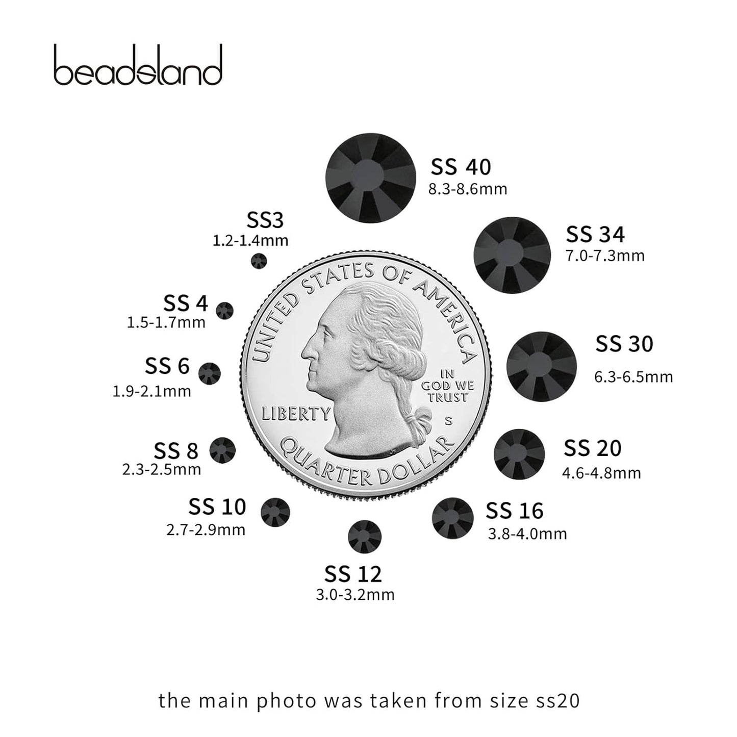 Beadsland 288pcs Flat Back Crystal Rhinestones Round Gems for Nail Art and Craft Glue Fix, Jet Hematite,SS30,6.3-6.5mm