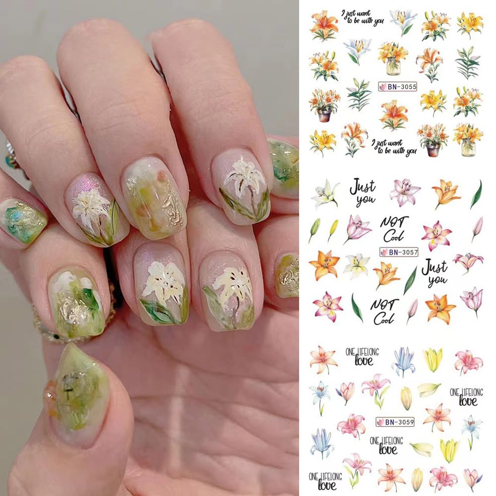 12 Designs Flower Nail Art Stickers - Lily Acrylic Decals for Spring Summer Decorations - Colorful Assorted Floral Water Transfer Slider Foil Sticker for Women