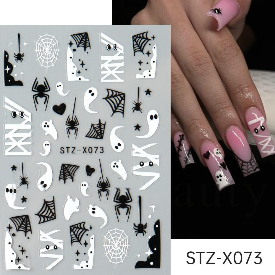 Halloween Nails Stickers Black Bat Nails Sticker 3D Embossed White Ghost Web Self Adhesive Sticker Nail Decals Black White Nail Art Decals Halloween Decals for Nail DIY Manicure 4Sheet