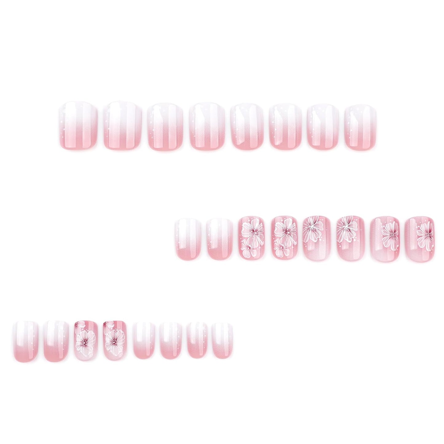 Summer Fall Press On Nails Short Square, Nude Fake Nails Featuring a Nude-to-White Gradient and Elegant White Floral Accents, Glossy Finish Acrylic Nails, Reusable Glue On Nails for Women, Petal Veil