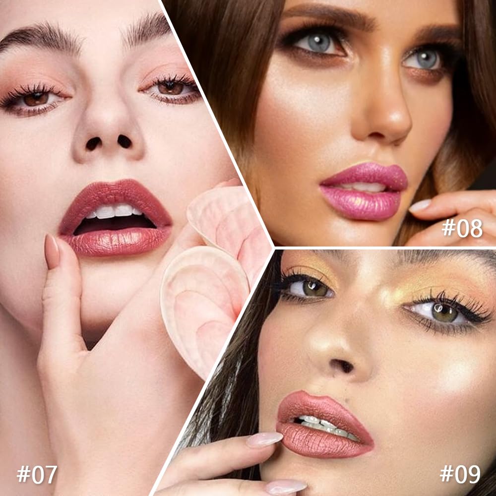 3Pcs Nude Pink Metallic Lipstick Lip Gloss for Women Set,Lightweight Shimmer Frosted Long Lasting Lipstick,Glitter Lip Stain Waterproof Smudge Proof 24 Hour Full Coverage Lip Makeup,Vegan（07,08,09)