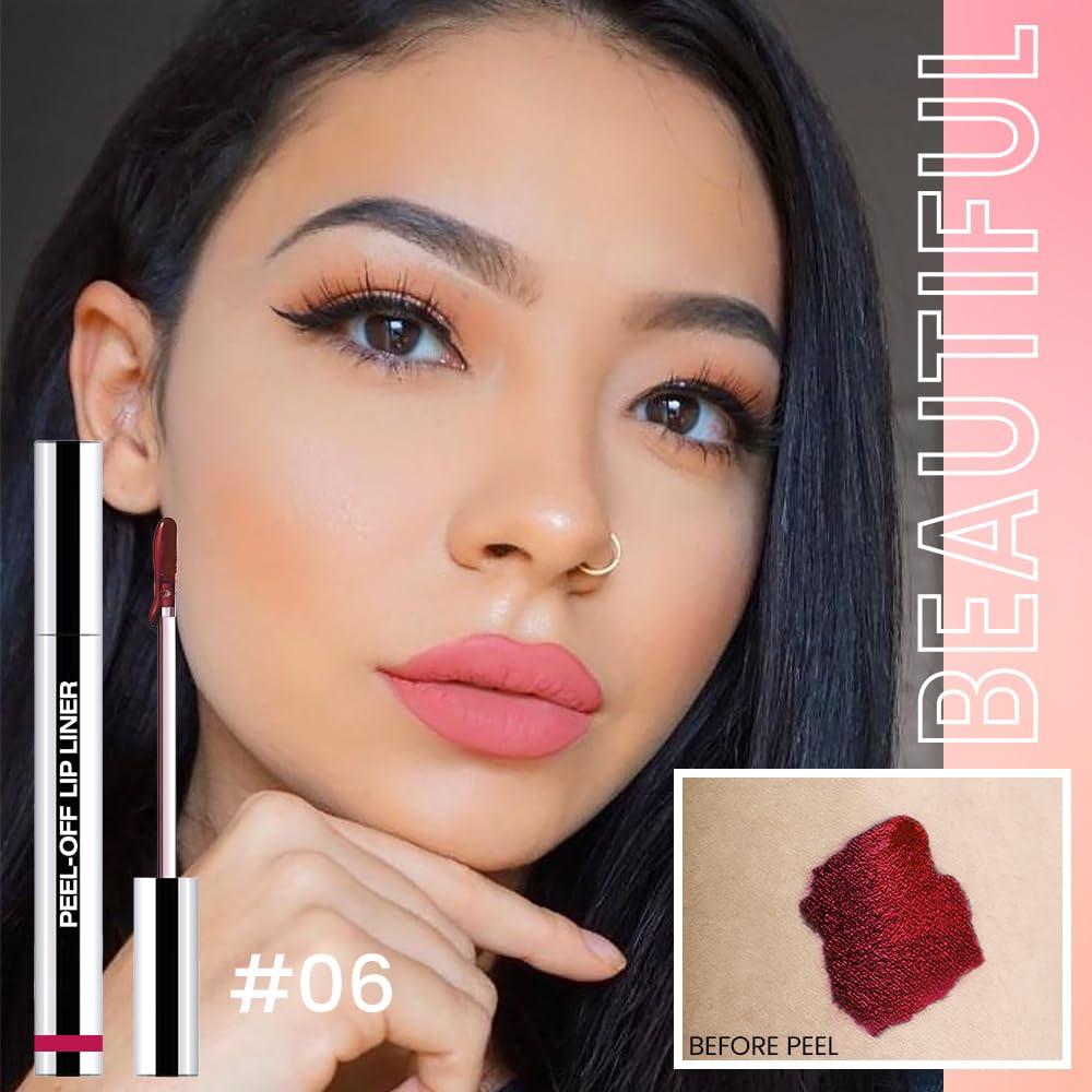 Matte Lip Gloss Stain-Peel Off Lip Liner Tattoo, Pinkish Red Lip Tint，Long Lasting Peel Off Lip Stain, Waterproof Transfer-proof Lip Mask Lip Liner Peel Off Lip Gloss,Stayn Lip Makeup. #06