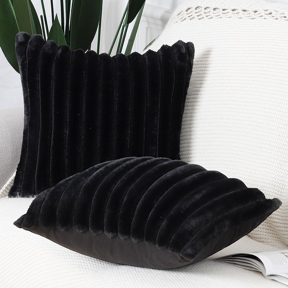 MADIZZ Set of 2 Faux Wool Plush Decorative Throw Pillow Covers 16x16 Inch Black Fluffy Striped Soft Decorative Cushion Cover for Sofa Bedroom Pillow Shell