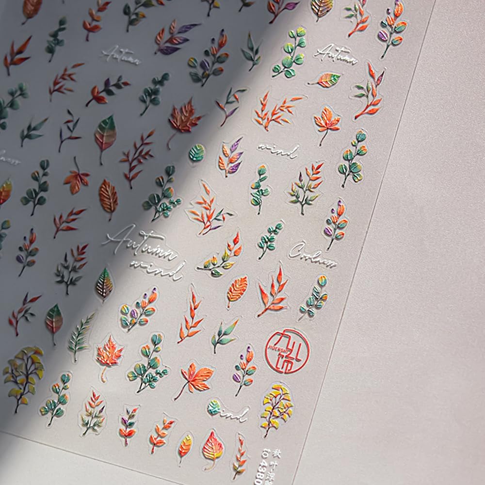 5D Relief Ginkgo Maple Leaf Stickers for Nails Design Fall Nail Stickers for Women Fall Leaves Nail Art Sticker Autumn Nail Decals Yellow Green Foliage Manicure Decor Sticker Nails Accessories