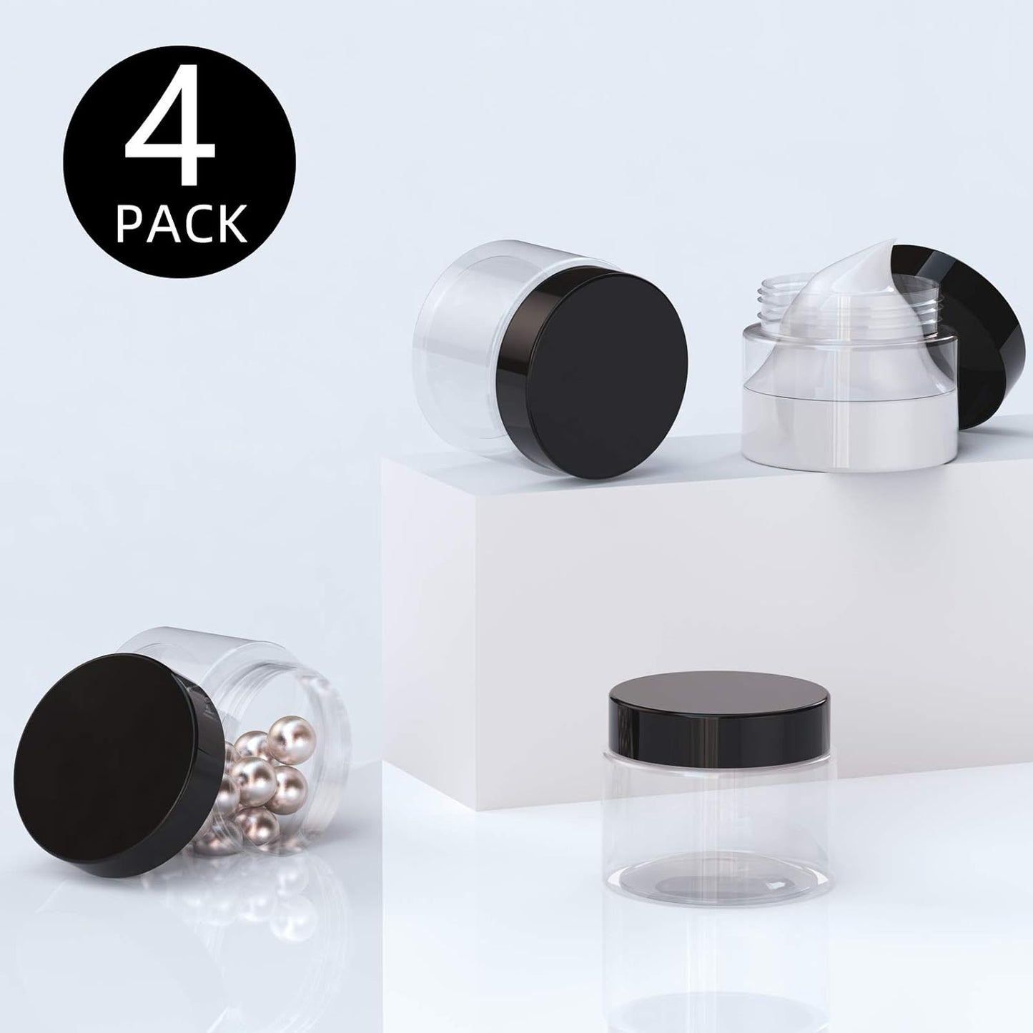 Patelai 4 Pieces Round Wide-mouth Leak Proof Plastic Container Jars with Lids for Travel Storage Makeup Beauty Products Face Creams Oils Salves Ointments DIY Making(2 Ounce,Black)