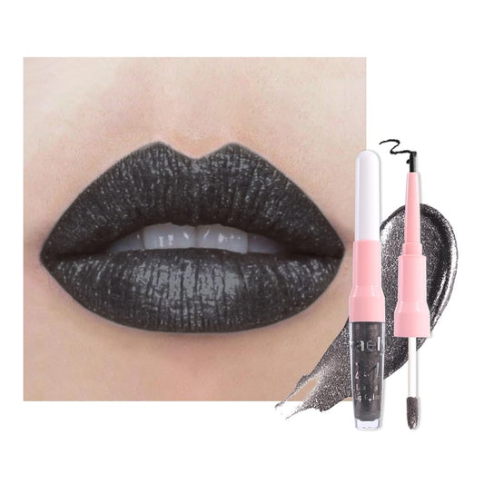 evpct Black Metallic Glitter Lip Liner and Lipstick Combo Lip Gloss Stain Set Makeup for Women Long Lasting Waterproof 24, Goth Gothic Halloween Metallic Shimmer Frosted Iridescent Liquid Lipstick 17