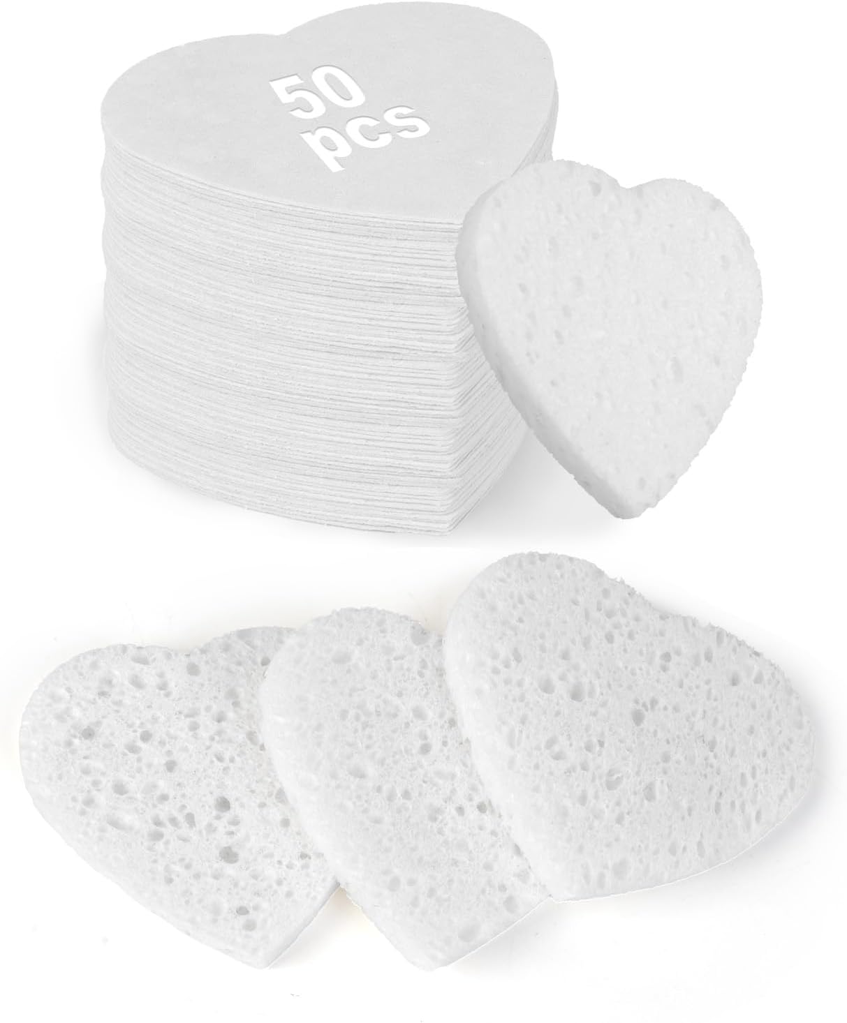 50-Count Heart Shape Compressed Facial Sponges,100% Natural Cellulose Face Sponge Spa Sponges for Removing Dead Skin, Dirt and Makeup(White)
