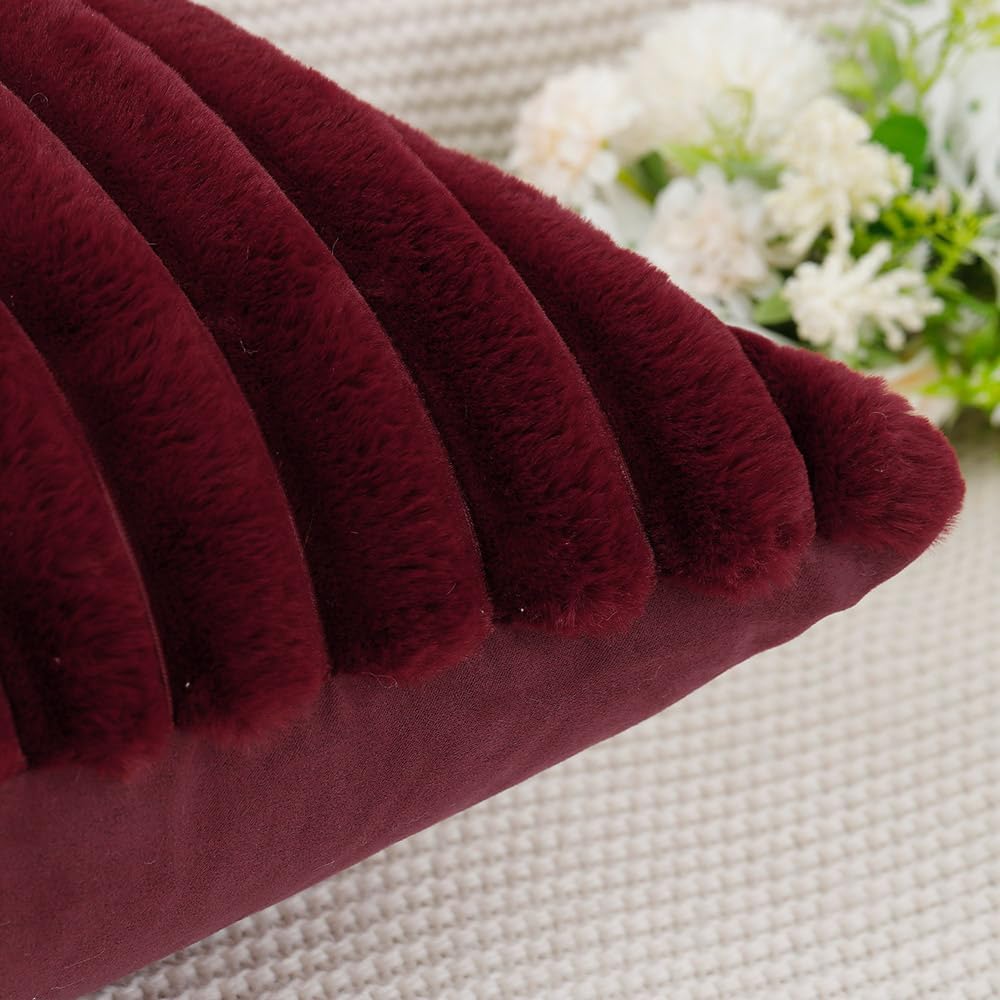 MADIZZ Set of 2 Faux Wool Plush Decorative Throw Pillow Covers 22x22 Inch Burgundy Fluffy Striped Soft Decorative Cushion Cover for Sofa Bedroom Pillow Shell