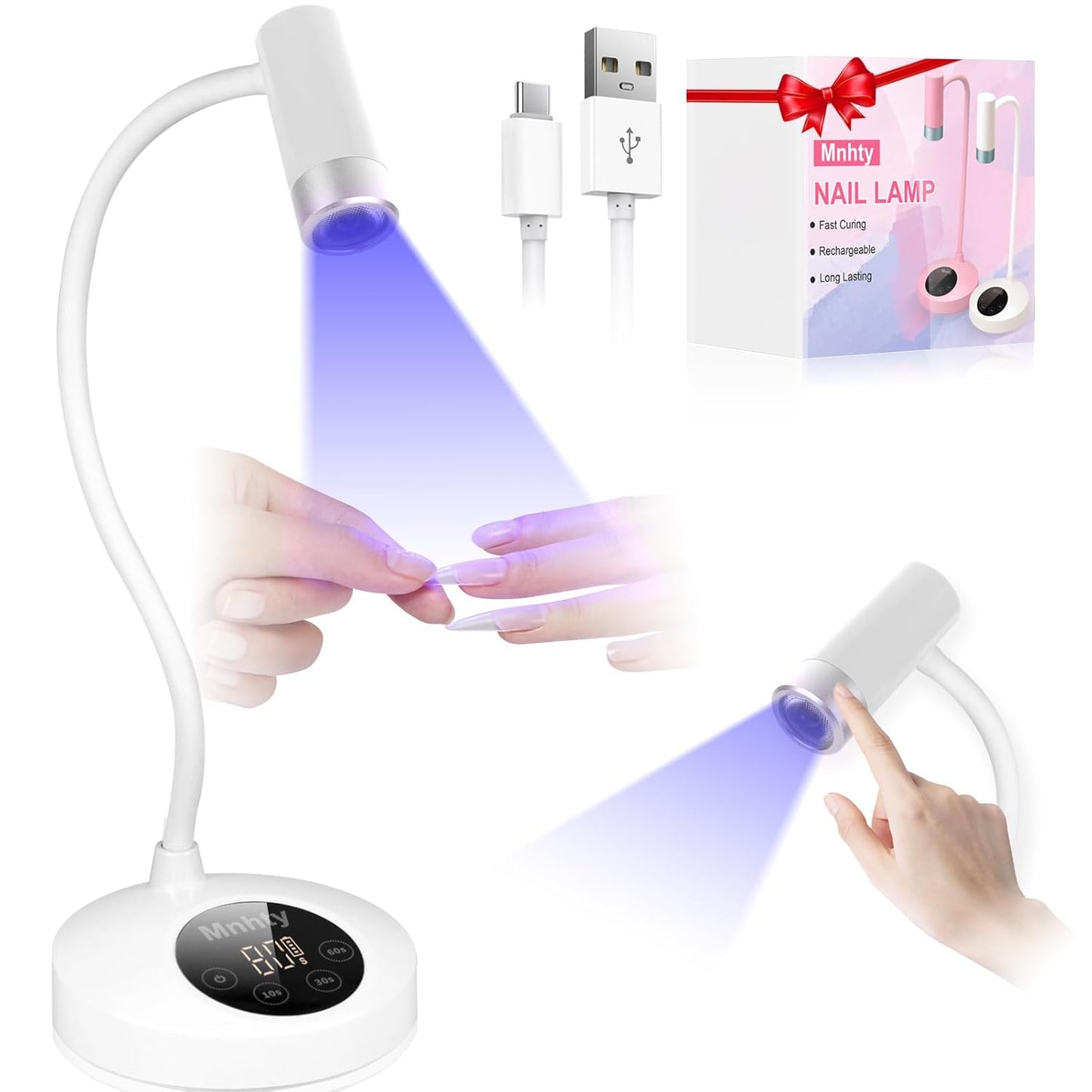 U V LED Nail Lamp, Goose Neck Flash Cure Lamp, Rechargeable Mini U V Light for Gel Nails, Cordless Flash Cure Light with 4 Timers&Sensor, Fast Curing Gooseneck Lamps for Gel X, White
