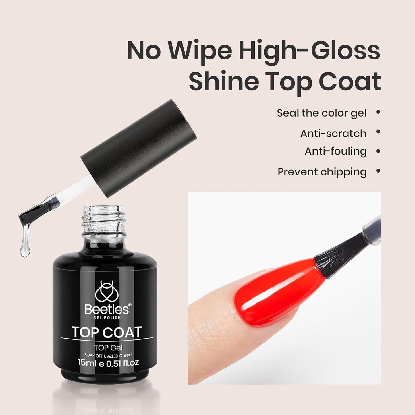 beetles Gel Polish Base Gel Top Coat Set, 2Pcs 15ML Clear Base and No Wipe Top Coat Soak Off UV LED Glossy Shine Finish Long Lasting DIY Nail Salon Manicure Gift for Women