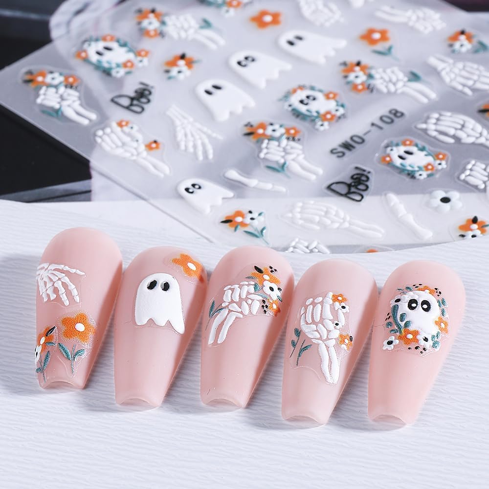 4 Sheets Halloween Nail Stickers for Nail Art Scary Black Cat Mummy Spider Web Nail Art Stickers 5D Spider Pumpkin Nail Decals Self-Adhesive Ghost Skeleton Nail Supplies for Women Nails Decoration