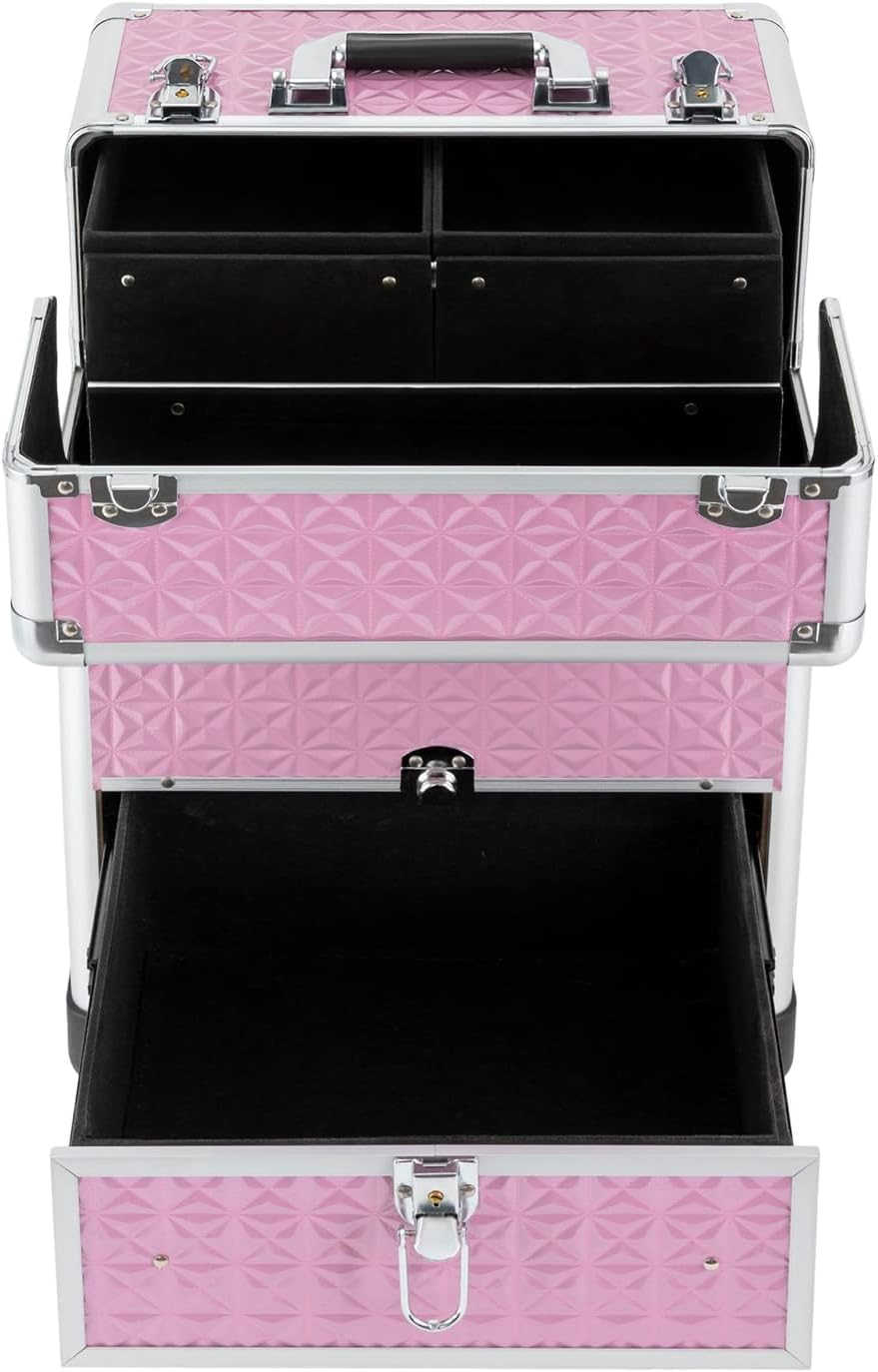 Rolling Makeup Train Case Pink Professional Cosmetic Organizer Trolley Large Capacity Travel Makeup Storage with Wheels