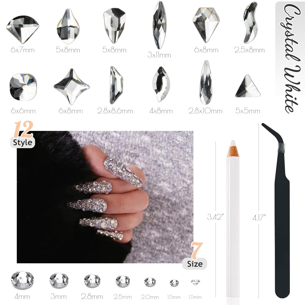 4080Pcs Silver Clear Nail Rhinestones Multi Shapes Flatback Crystal White Gems +Round Beads K9 Glass Stones Diamonds Jewels Nail Art Charms Supplies for Nails Faces Eyes Makeup DIY Crafts Phone