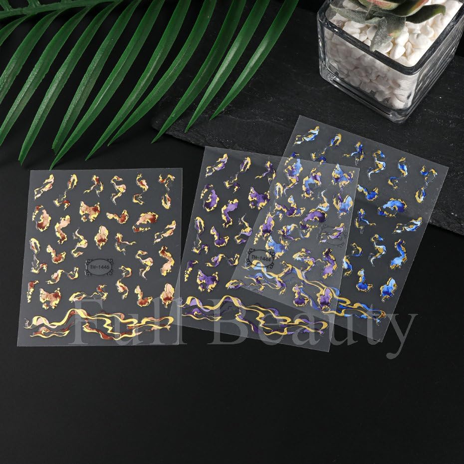 6 Pcs Embossed Marble Nail Stickers for Nails Art Gradient Marble Nail-Art Stickers Decals Self-Adhesive Nail Art Decals for Women Nail Supplies Art Design-Purple Blue Brown