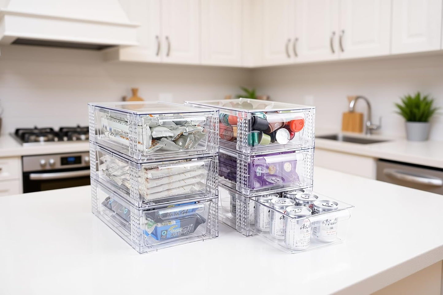 Clear Stackable Storage Drawers, 3.95” Height, 4-Pack Acrylic Organizer for Bathroom & Cabinet Use