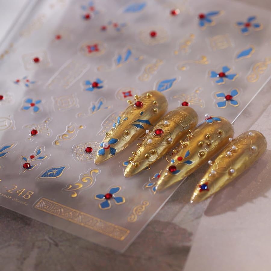 Gold Fall Nail Art Stickers 5D Embossed with Rhinestones Bohemian Nail Stickers, Self-Adhesive Durable Nail Art Decals for Women Girls, Nail Wraps Decoration Manicure for DIY Acrylic Nail Accessories