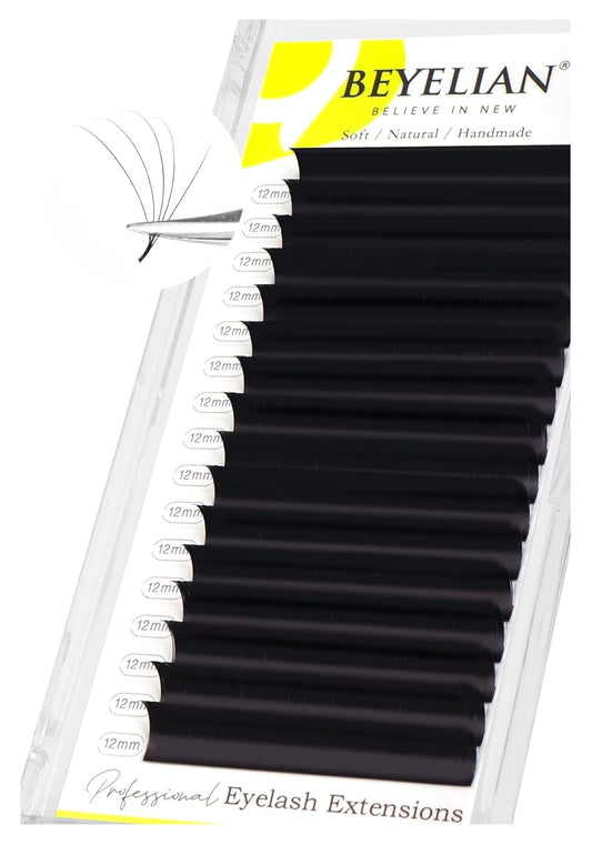 BEYELIAN Eyelash Extension Natural Matte Black 0.05 D Curl 12mm Tray Easy Fan Lash Extensions Volume Lashes Professional Use Natural Matte Black (0.05 D 12mm)