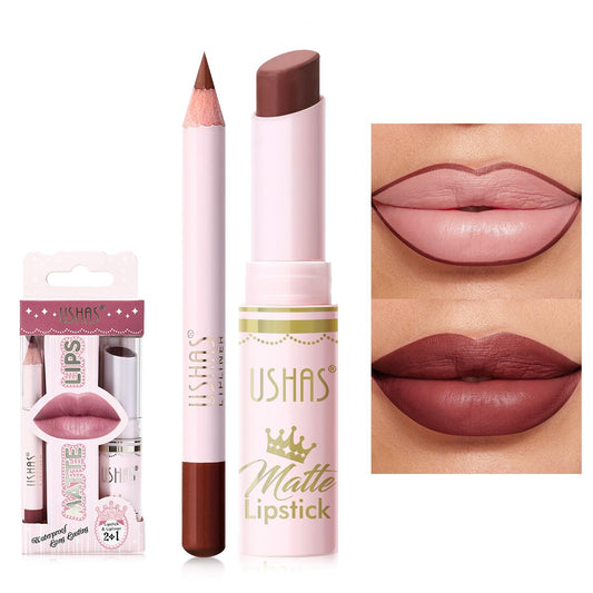 USHAS Lipstick and Lip Liner Combo Set 2 in 1 Waterproof Lipstick for Women Lip liner Set Long Lasting Lipstick, Matte Lipstick Pen with Lip Liner Set Makeup Kits (S7, Pack of 1)