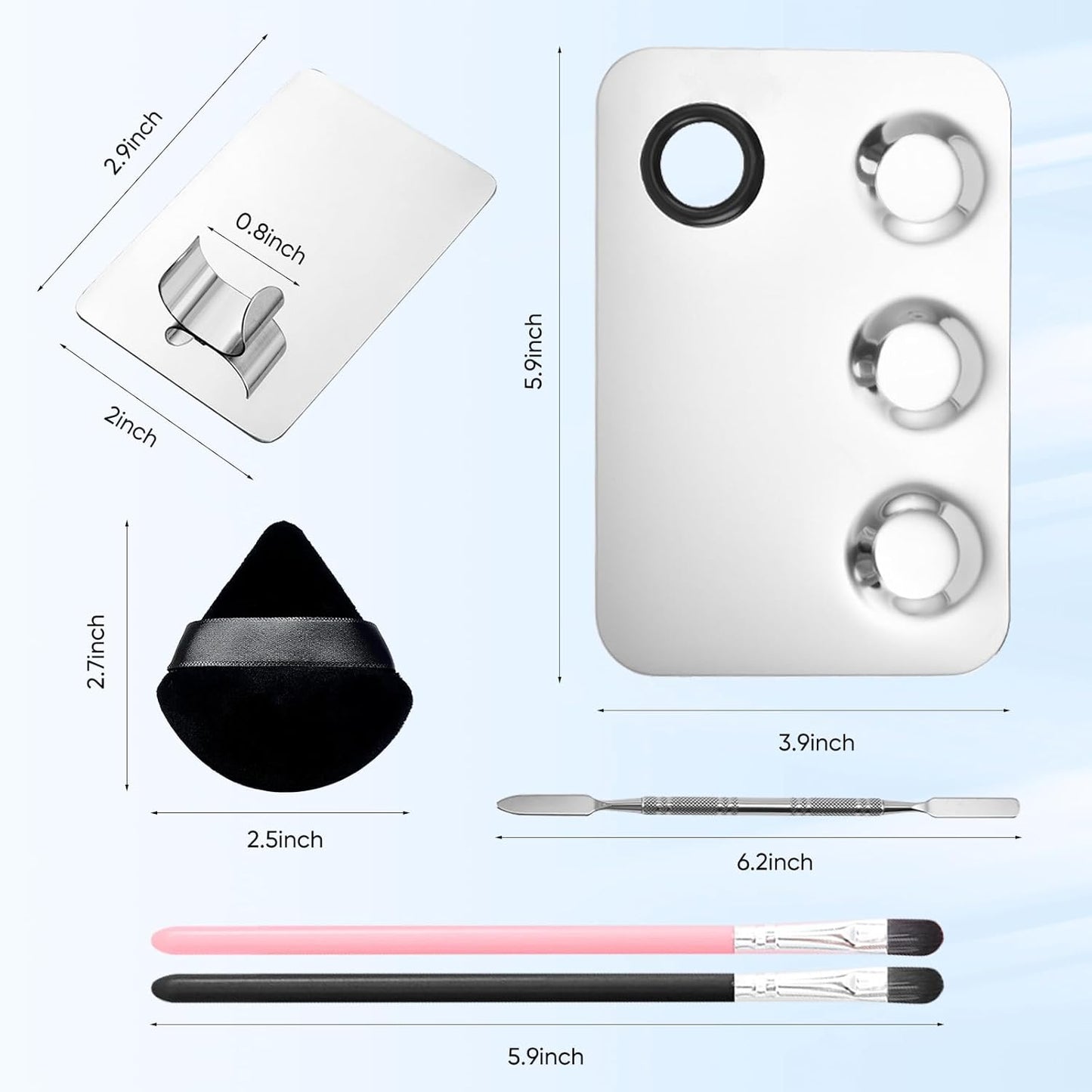 Stainless Steel Cosmetic Palette with Spatula, 3-well Mixing Makeup Palette and 3-dents Nail-art Mixer Metal Tray, also Fine Eyeliner Brush and Powder Puffs .Professional Makeup Palette with Spatula