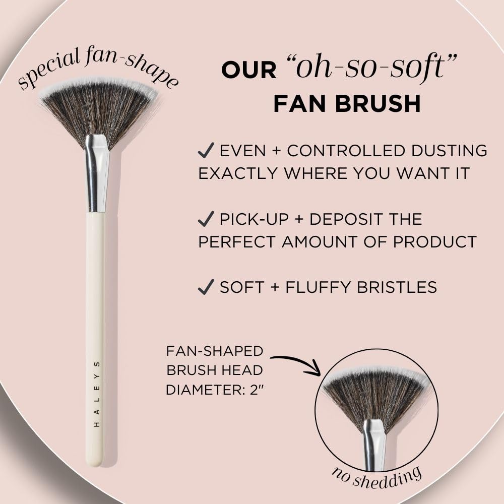 HALEYS Fan Brush VEGAN+CRUELTY-FREE, Sustainable Wood, Vegan Bristles for Airbrushed Finish, For highlighter application, Streak-free, Perfect Blending, Blurs, Smooths with Control
