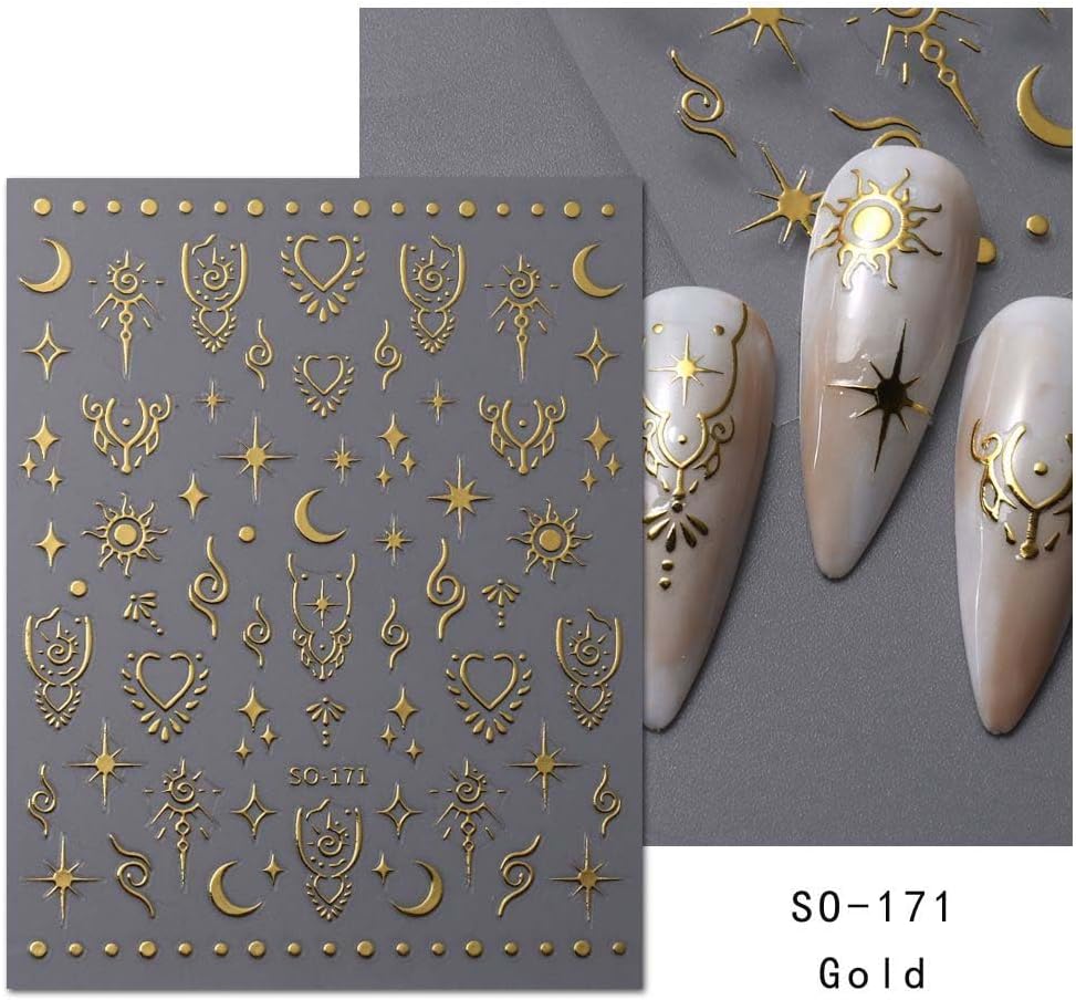 12 Sheets Metallic Nail Art Stickers - Sun Star, Moon Rose & More - 3D Self-Adhesive, Shiny Laser Gold & Silver - Holographic, Glitter for Women's Nail Manicure Decorations