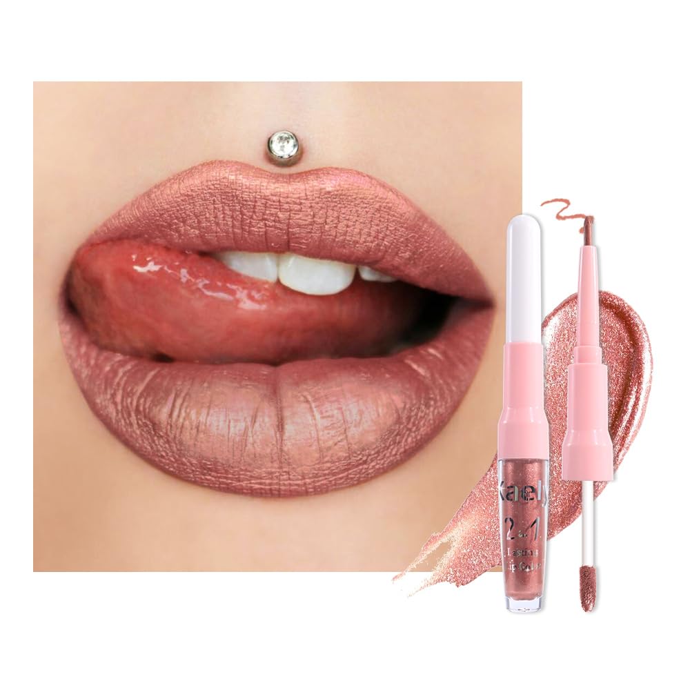 evpct Bronze Gold Metallic Glitter Lip Liner and Lipstick Combo Lip Gloss Stain Set Makeup for Women Long Lasting Waterproof 24, Rose Gold Metallic Shimmer Frosted Iridescent Glossy Liquid Lipstick 14