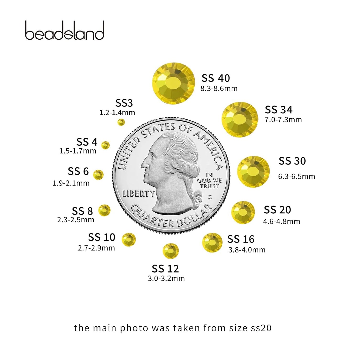 beadsland 1440 Piece Flat Back Crystal Rhinestones Round Gems,1.3mm-6.5mm,Lemon Yellow(SS10(2.7-2.8mm))