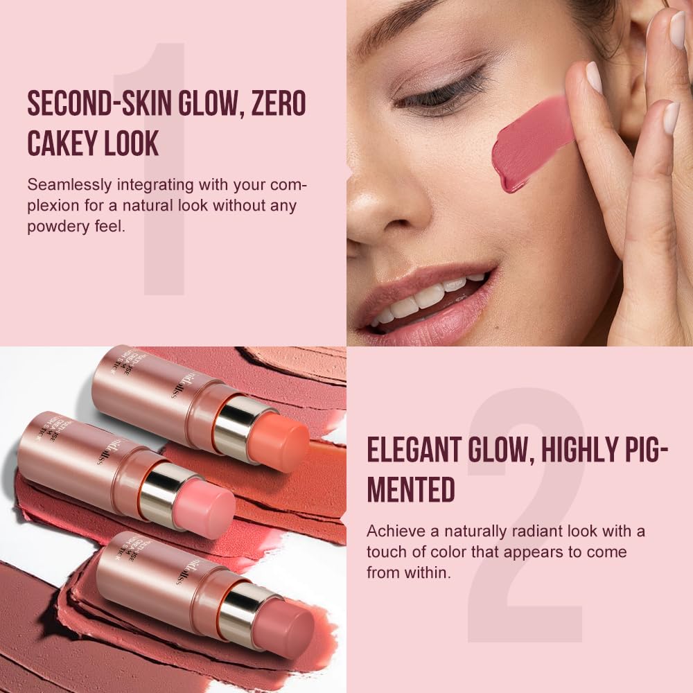 Multi-Use Makeup Cream Blush Stick, Unidollss 3-in-1 Buildable Powder Blush Stick for Cheek, Eye, and Lip, Hydrating formula, All day wear, Easy Application with Thumb Puff Included (03 PALPITATING)