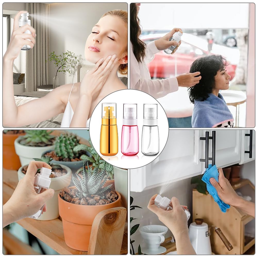 Cosywell Travel Spray Bottle 3 Pack 2oz 60ml Leak Proof TSA Approved Fine Mist Spray Bottle Empty Plastic Refillable Containers for Hair Perfume Toners Rose Water Cosmetics(Gold+Pink+Clear)