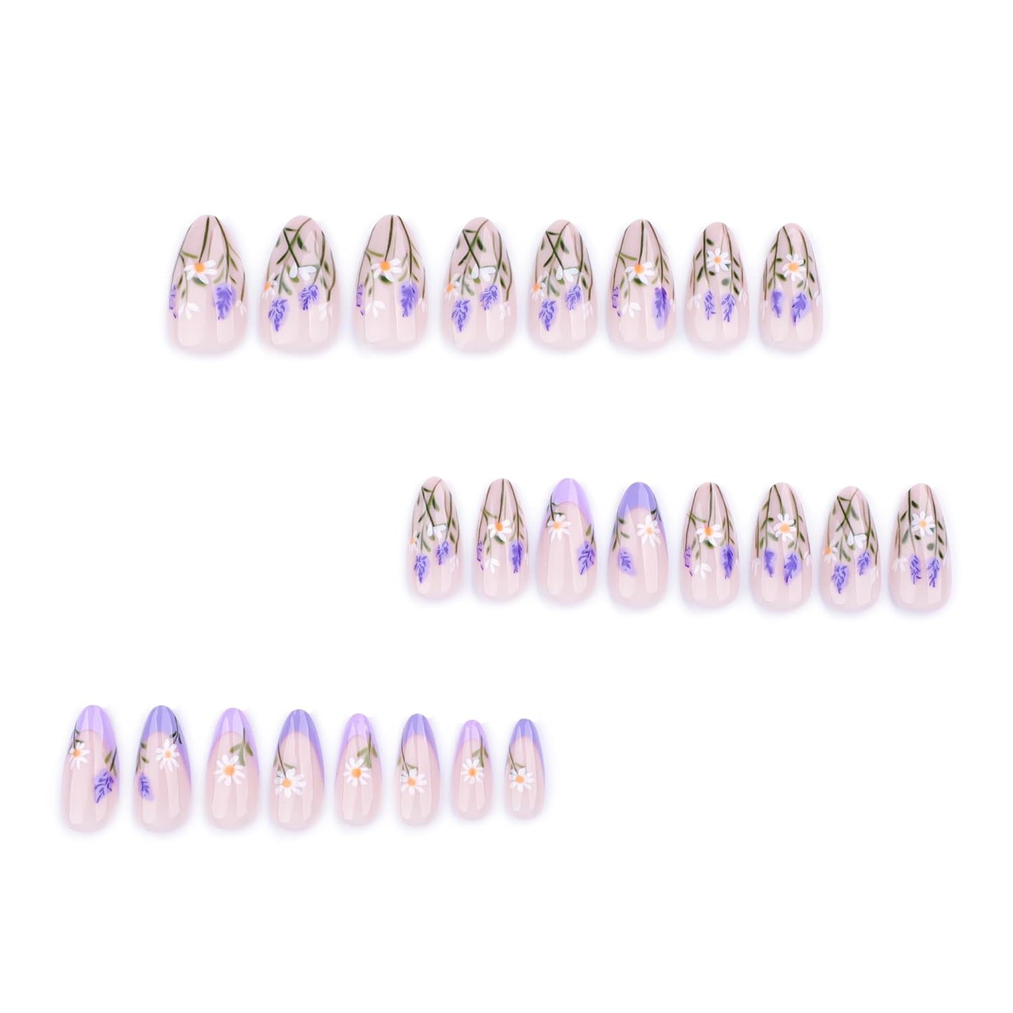 French Short Press On Nails Almond, Nude Fake Nails with Blue French Tip and Delicate Botanical Design, Glossy Gel Finish Acrylic Nails, Natural Reusable Glue On Nails Kit for Women, Serene Garden