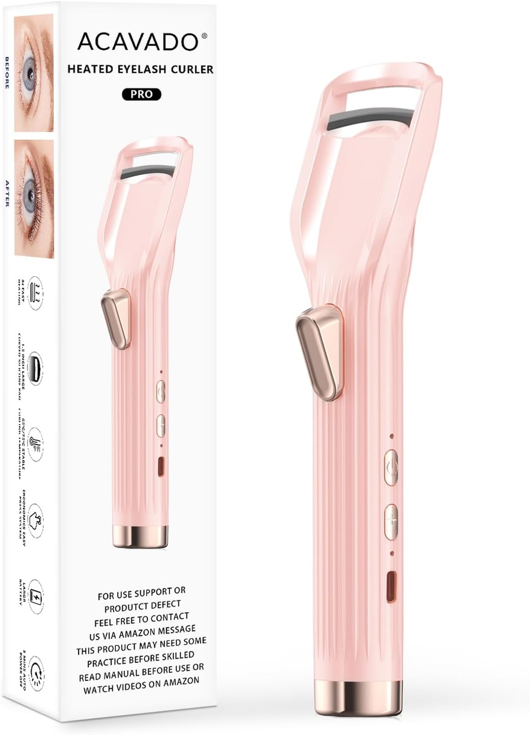Heated Eyelash Curler Premium PRO - Fast Heat up in 8s - 24 Hours Long Lasting - Rechargeable Electric Eyelash Curler with Type-C, Innovative L Silicone, 2 Heat Modes, Anti-Burn Eyelid, Pink-CC