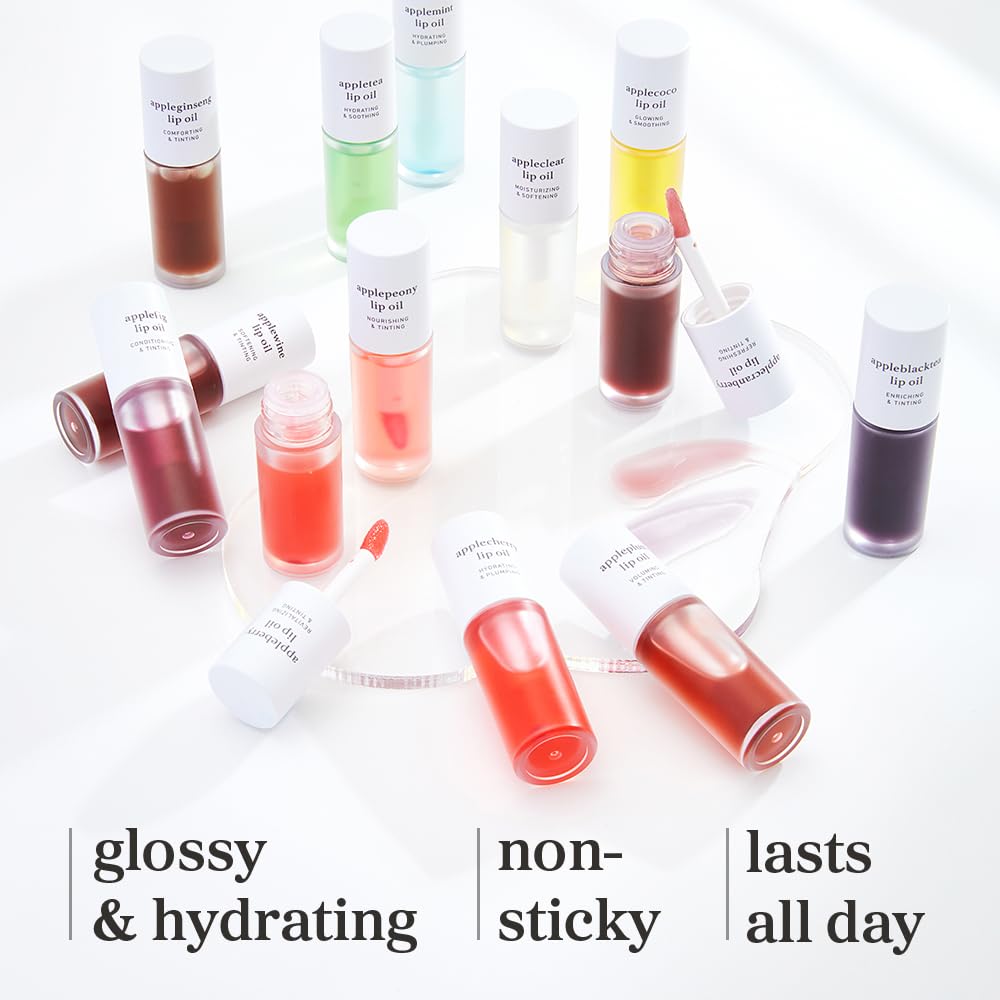 NOONI Korean Lip Oil - Appletea | Long-Lasting, Moisturizing, Plumping, Revitalizing for Dry Lips, Waterproof, No Peel Off, Hydrating, Nourishing Crystal Clear, 0.12 FL Oz