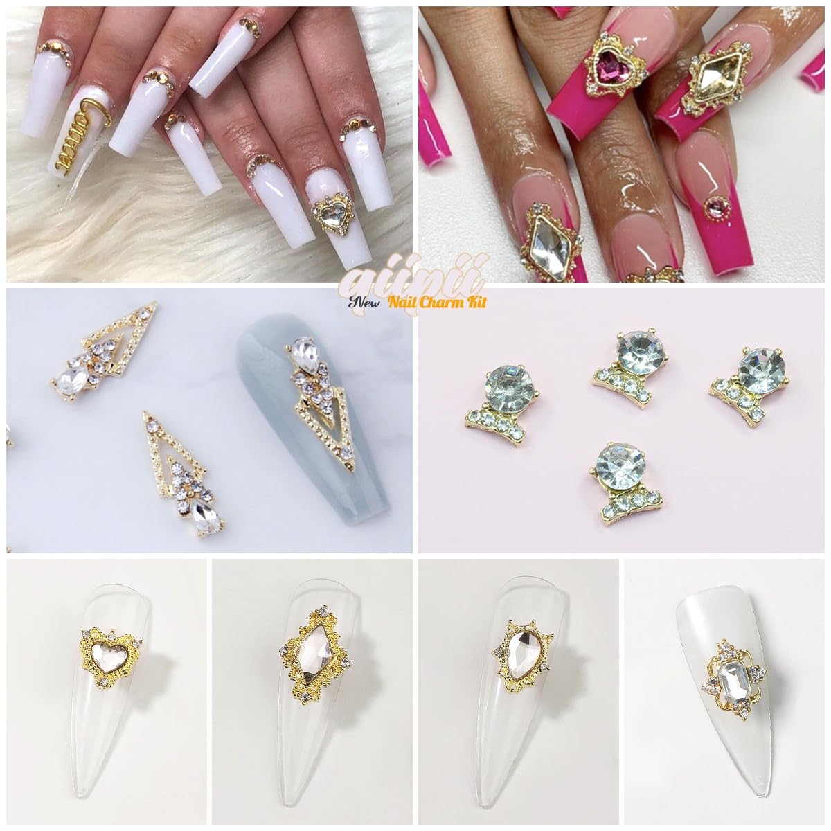 24pcs Crystal Clear Nail Rhinestones Luxury Nail Charms Crystal White Heart Charms for Nails 3D Big Nail Gems Diamonds Jewelry Stones Alloy Nail Art Studs Nail Art Decor w Box for Arylic Nails Crafts
