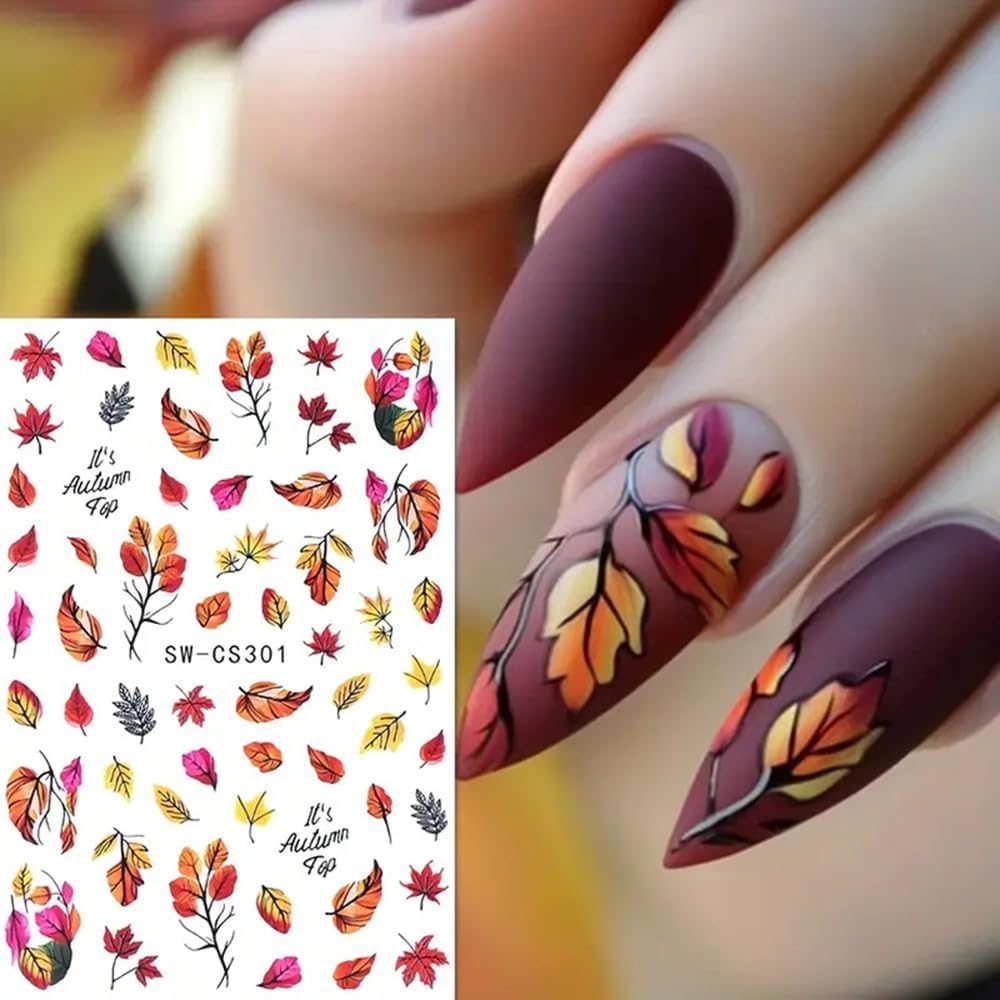 6PCS Fall Nail Art Sticker Autumn Leaves Pumpkin Nail Decals 3D Self-Adhesive Thanksgiving Gold Yellow Maple Leaf Nail Design Nail Art Supplies for Women Holiday DIY Manicure Decoration Accessories