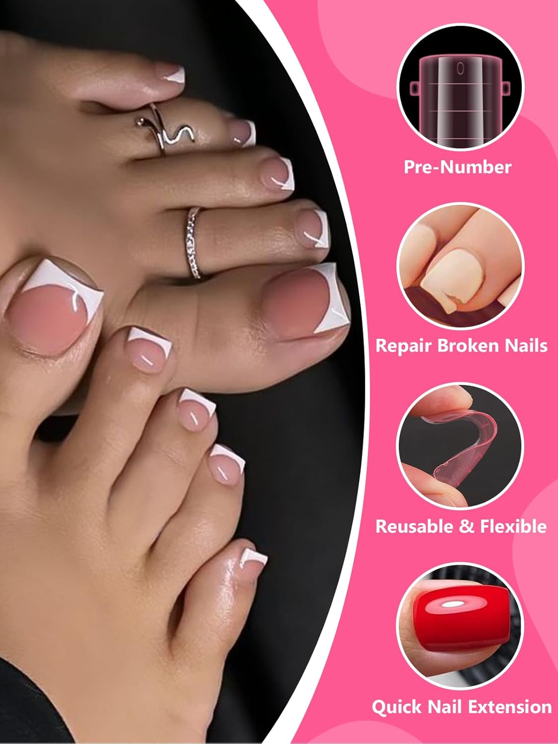Poly Gel Dual Nail Forms for Finger and Toes, EBANKU Long Square Pink Flat Nail Molds Extension Tips Reusable for Women, 120Pcs 12 Sizes