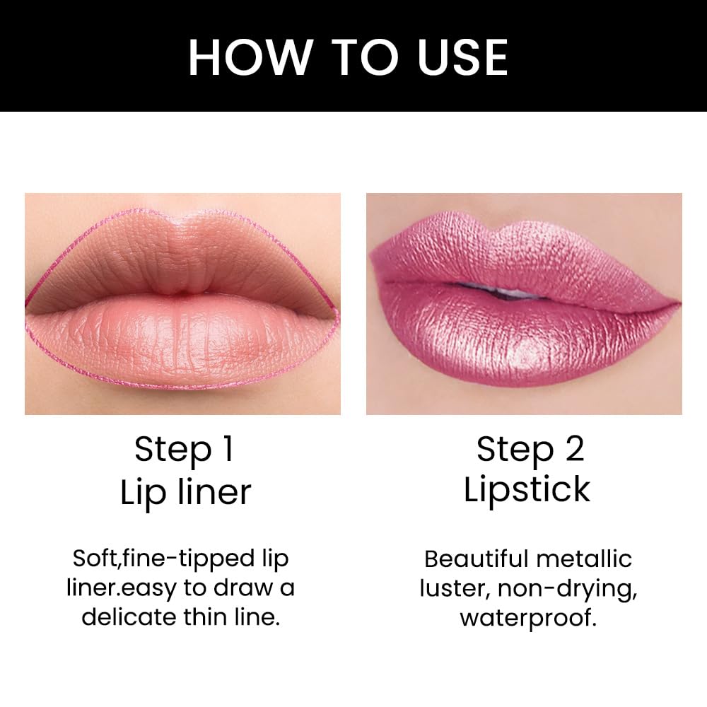 evpct 1Pcs Rose Pink Metallic Shine Shimmer Lip Liner and Lipstick Combo Set Kit for Women, Lightweight Hydrating Formula High Impact Full Coverage Lipstick and Lip Liner Makeup Stains Gloss, 21#