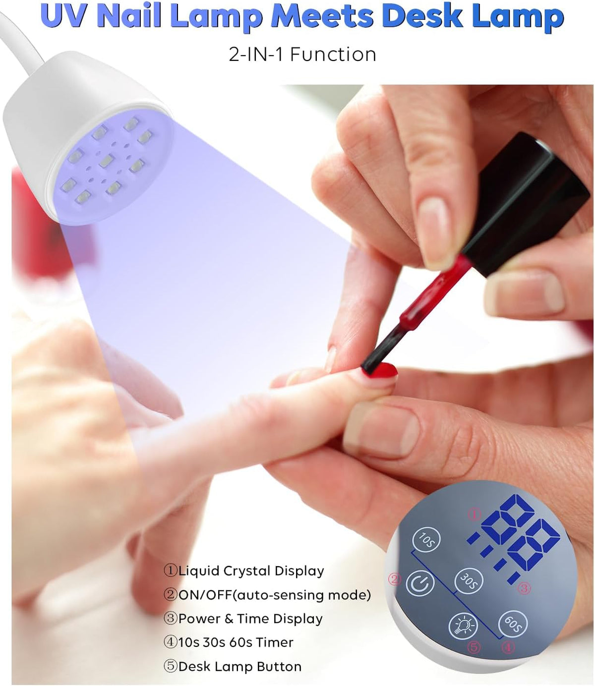 UV Nail Lamp, 2 in 1 UV Light for Gel Nails Curing Polish and Desk Lamp,27W Rechargeable LED Nail Light Nail Dryer with 3 Timers & Auto Sensor, Fast Flash Goosenecks Lamp for Home DIY Manicure-White