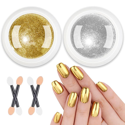2 Jars Chrome Nail Powder：Mirror Effect Gold Chrome Nail Powder,Metallic Mirror Silver Chrome Powders Decoration for DIY Nail Art,Pigment Holo chrome powder with 4 Eyeshadow Sticks