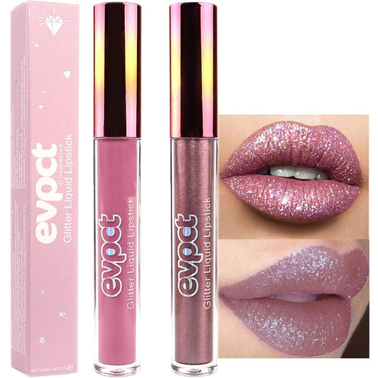 evpct 2Pcs Mauve & Taupe Mauve Glitter Metallic Shimmer Diamond Lipstick Lip Gloss Stain Set for Women Long Lasting Waterproof, Purple Sparkle Glitter Matte long Wear Liquid Lipstick Lip Makeup Kit