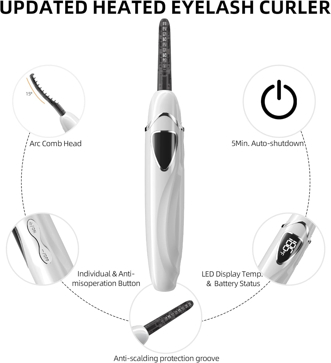 ZAPAL Heated Eyelash Curler, S600 Rechargeable Heated lash Curler, Intelligent Power Off Electric Eyelash Curler Heated Quickly 24 Hs Lasting Natural Makeup for Woman - Snow White/Silver